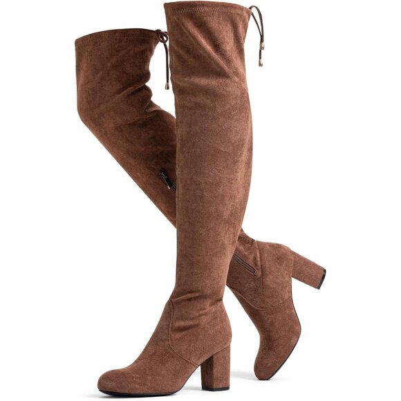 Women's Mocha Brown Suede Inner Zipper Thigh High Over The Knee High Heel Boots - Picture 1 of 9